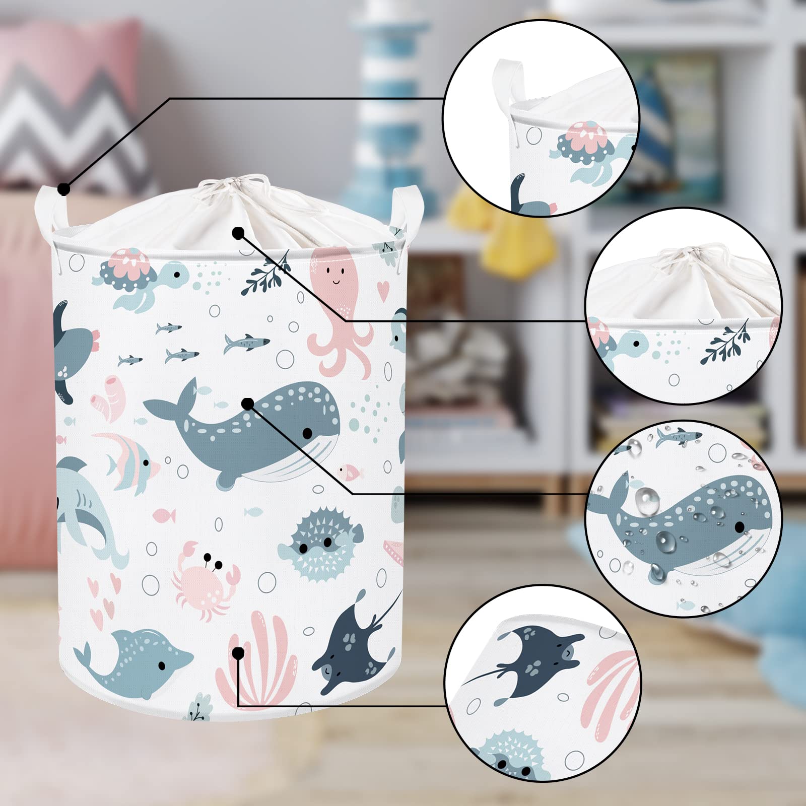 Clastyle 45L Marine Animals Bubbles Kid Laundry Basket with Lid Foldable Sea Shark Mermaid Dirty Clothes Hamper Round Toy Clothes Pool Beach Towel Basket