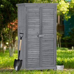 outdoor wooden storage shed with floor, wood storage cabinet waterproof, garden tool shed with 3-tier shelves, outside vertical shed with shutter design, fir wood, latch lock (gray)