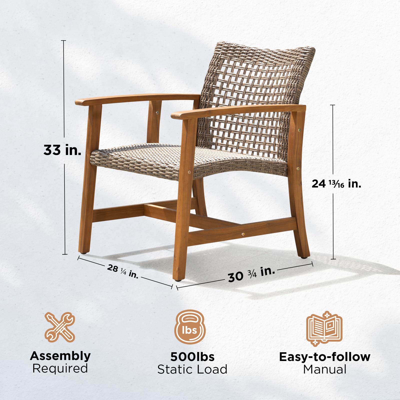 IDZO Liberte Accent Chairs Set of 2, 500lbs Weight Support, Acacia Wood, FSC Teak Finish, UV Protected, Dynamic Gray Wicker, Ideal for patios and Gardens