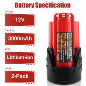 Fhybat 2 Packs 3.0Ah 12 Volt 48-11-2420 Battery Replacment for Milwaukee 12V Battery Lithium 48-11-2401 48-11-2402 48-11-2420 48-11-2440 48-11-2460(Red)