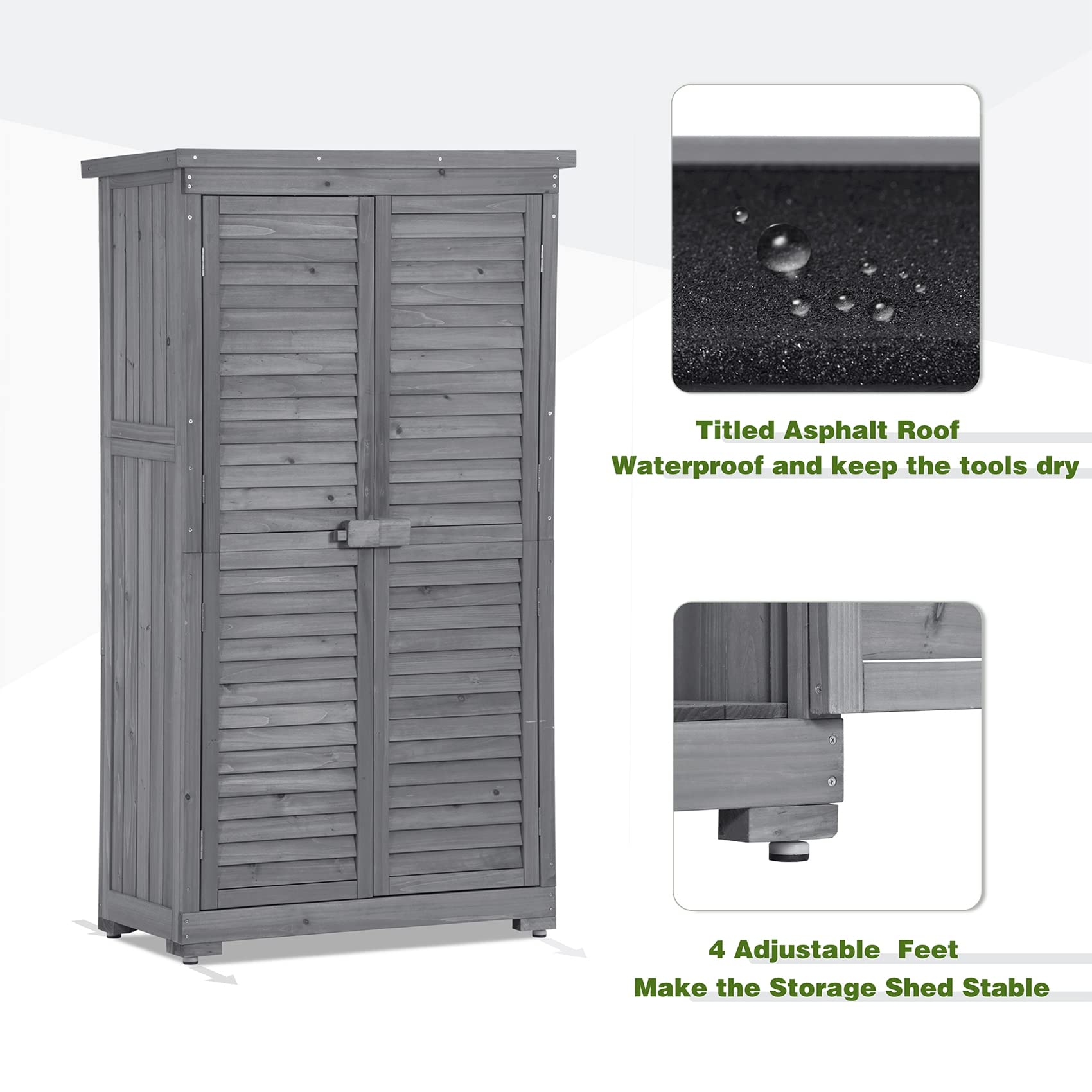 Outdoor Wooden Storage Shed with Floor, Wood Storage Cabinet Waterproof, Garden Tool Shed with 3-Tier Shelves, Outside Vertical Shed with Shutter Design, Fir Wood, Latch Lock (Gray)