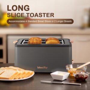 Mecity 4 Slice Toaster, Long Slot Toaster With Warming Rack, Bagel/Defrost/Reheat Functions,Warming Rack, Crumb Tray, 6 Browning Settings, Extra Wide Long Slots, Stainless Steel, 1300W,Grey