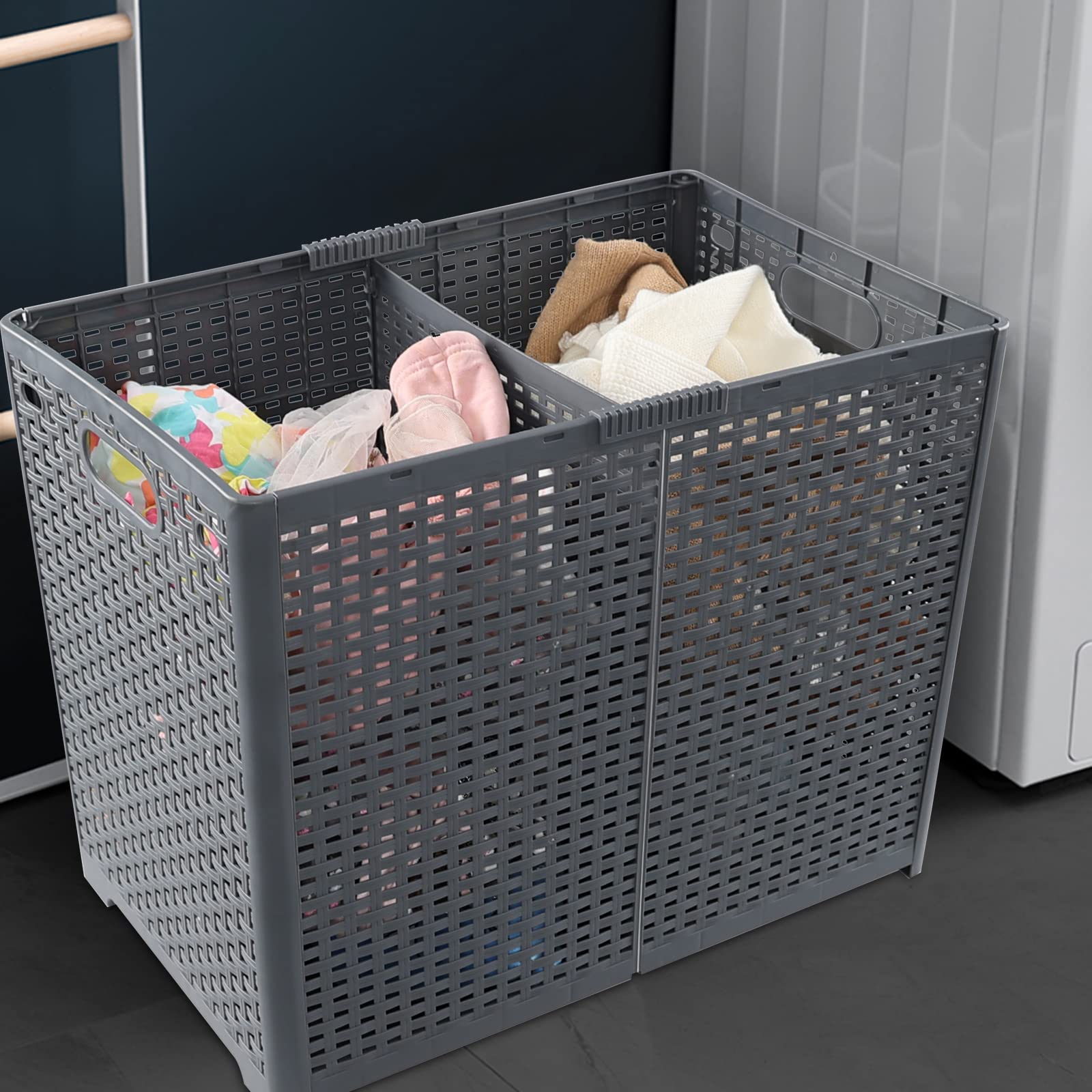 Qqbine Plastic Laundry Hamper Separation Basket with Lid, 2 Sections Folding Laundry Hamper