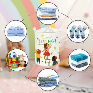 Clastyle 45L Small Hands Change The World Kid Laundry Basket Colorful Inspirational Quote Rainbow Nursery Hamper with Drawstring Round Toy Clothes Storage Basket for Back to School