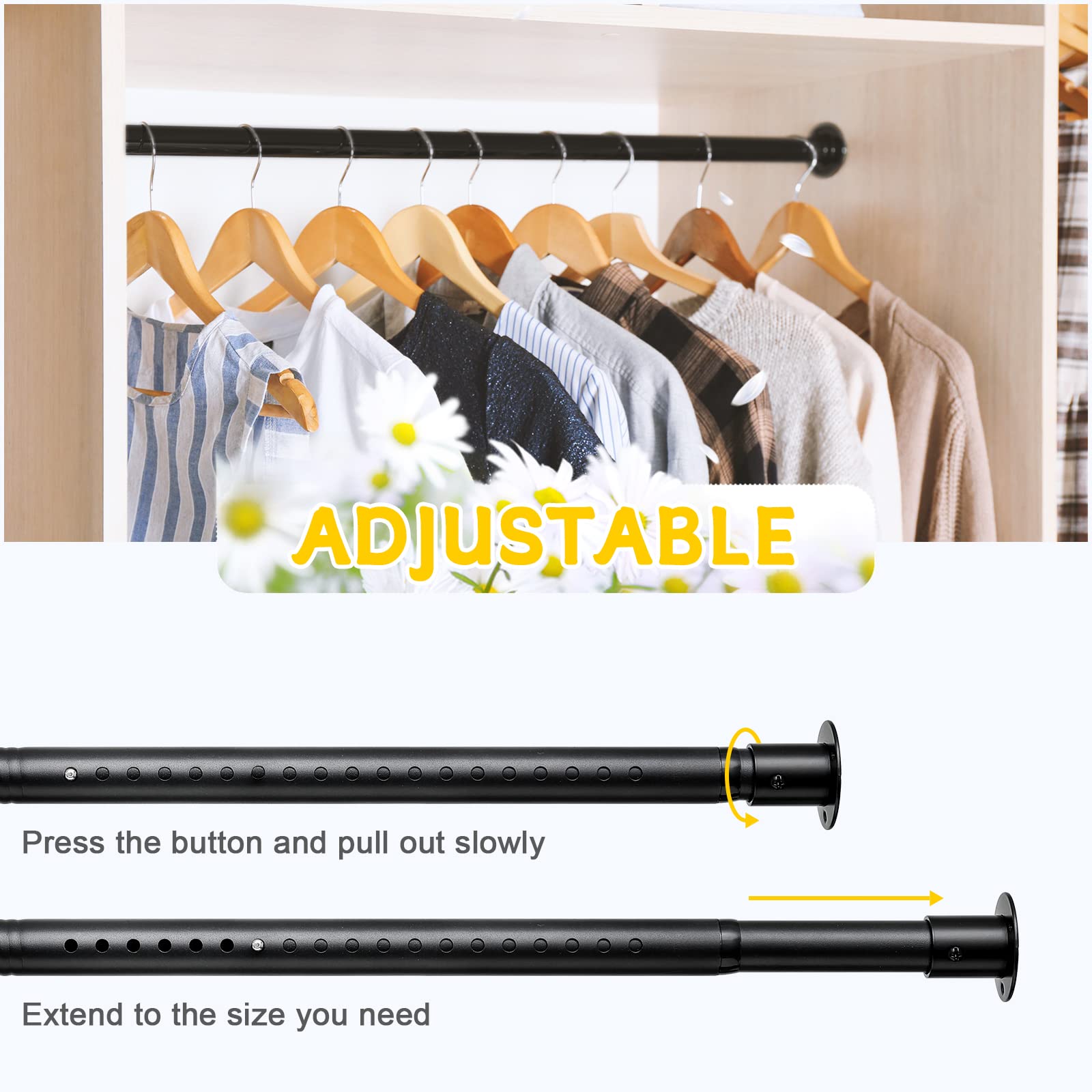 Closet Rod,17 to 82 Inch Adjustable Closet Rods for Hanging Clothes Heavy Duty Closet Hanging Rod Metal Black Closet Poles for Wardrobes