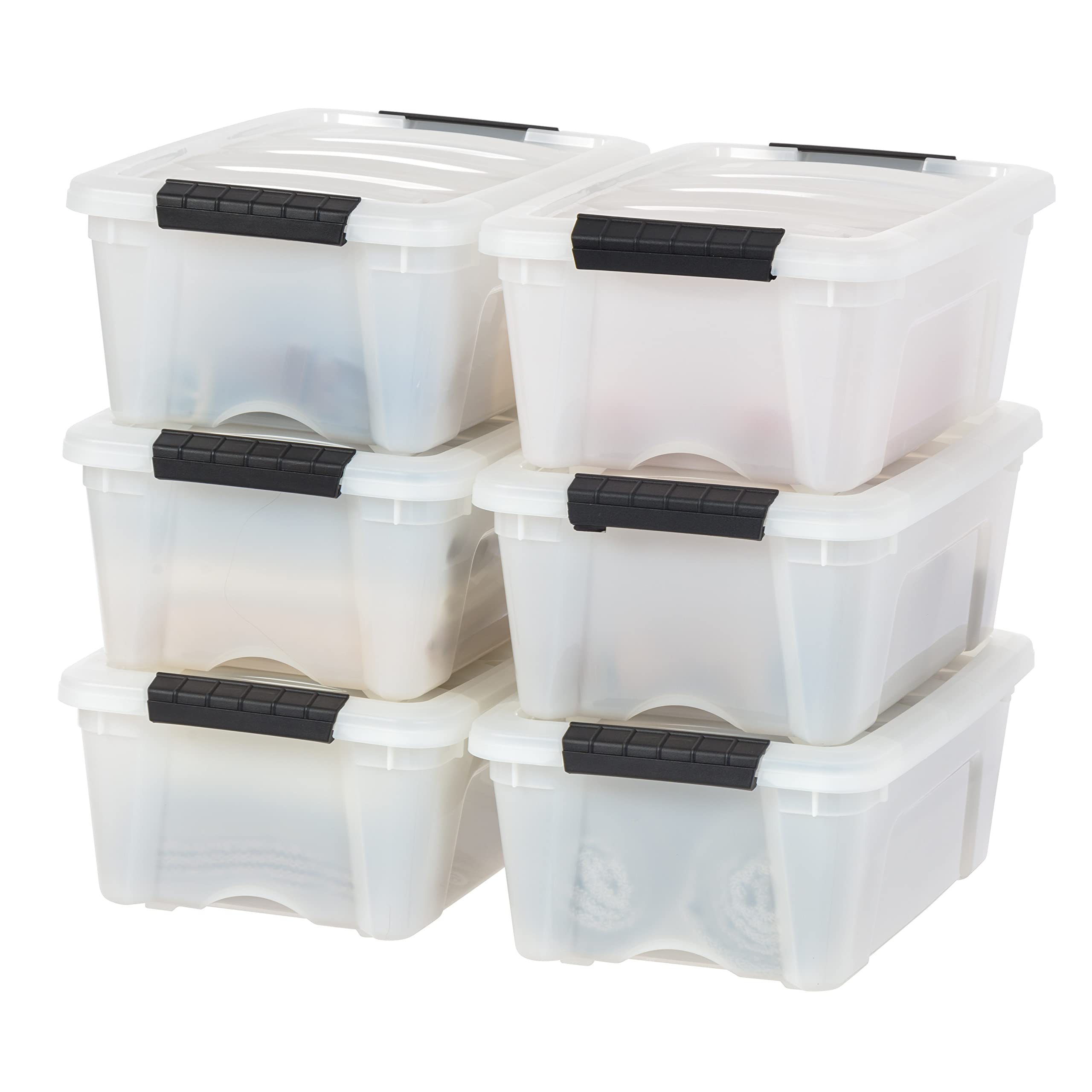 IRIS USA 12 Pack 12qt Black and Pearl Plastic Storage Bins with Lid and Buckles | Set of 12