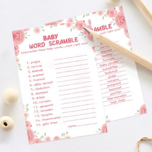 OLOUTAB 50 Baby Shower Games for Girl-Baby Shower Word Scramble Game,Floral Theme, Thick Cardstock, Fun and Easy to Play,Hilarious Baby Shower Games(with Answer)