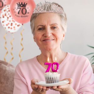 Konasala 70th Birthday Decorations for Women, Including Birthday Sash, Tiara/Crown, Cake Topper, Pearl Pin and Birthday Balloons Set, 70th Birthday Gifts for Women Rose Gold