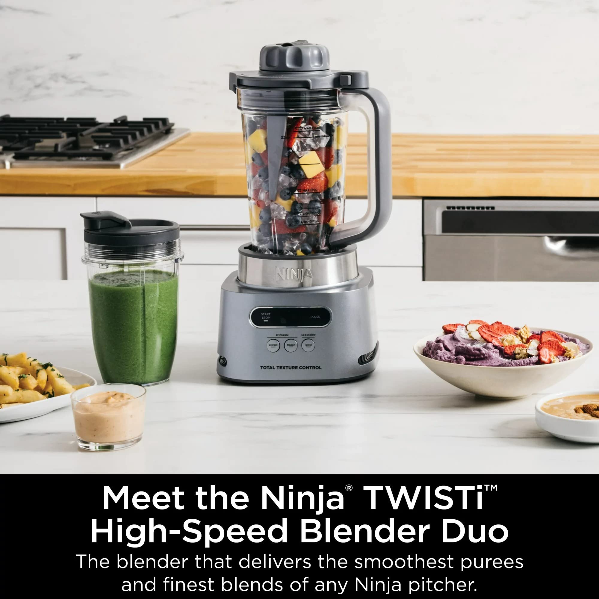 Ninja SS150 TWISTi Blender DUO, High-Speed 1500 WP Smoothie Maker & Nutrient Extractor* 3 Functions Smoothie, Frozen Drinks & Bowls, smartTORQUE, 34-oz. Pitcher & 18-oz. To-Go Cup, Cloud Silver