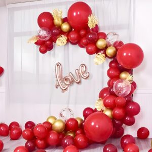 RUBFAC 101pcs Red Gold Balloons Garland Arch Kit with Gold Confetti Balloons for Celebration, Birthday, Wedding, Anniversary Party Decoration