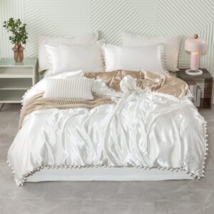 Herside Satin Duvet Cover Twin Size White Silk Like Satin Bedding Set Reversible White Light Khaki Pom Pom Fringed Silky Duvet Cover Boho Home Decor(White-Light Khaki, Twin)