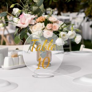 Sintuff 30 Pcs Acrylic Table Numbers Wedding Table Numbers with Stands Clear Table Numbers for Wedding Reception 4.72in Acrylic Wedding Signs 1 to 30 Acrylic Signs and Holders Display Stand (Gold)