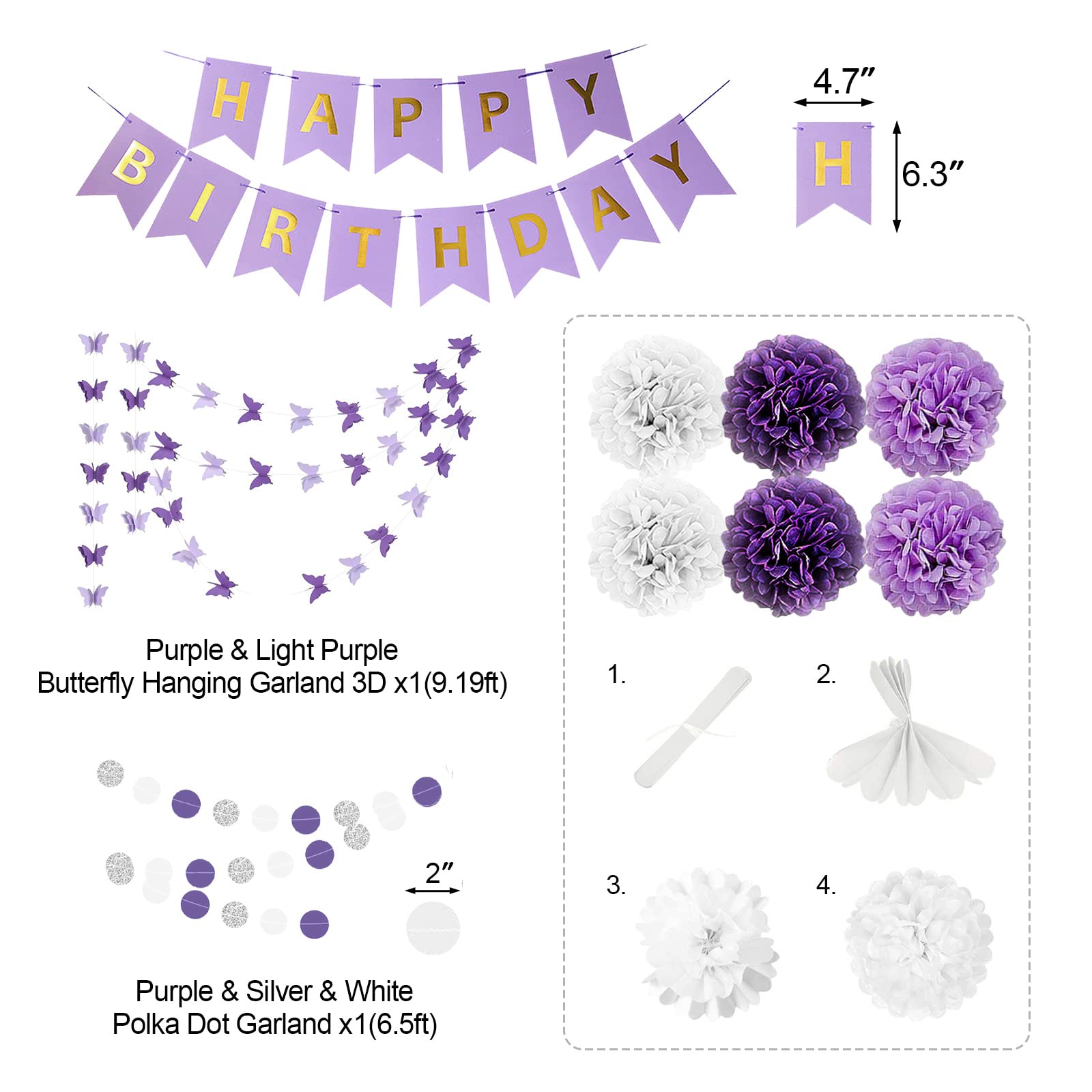 Lasocy Purple Birthday Decorations for Women Girls Butterfly Hanging Garland Purple and White Silver Lavender Party Decorations Set with Happy Birthday Banner Purple Foil Background Pompom Flower