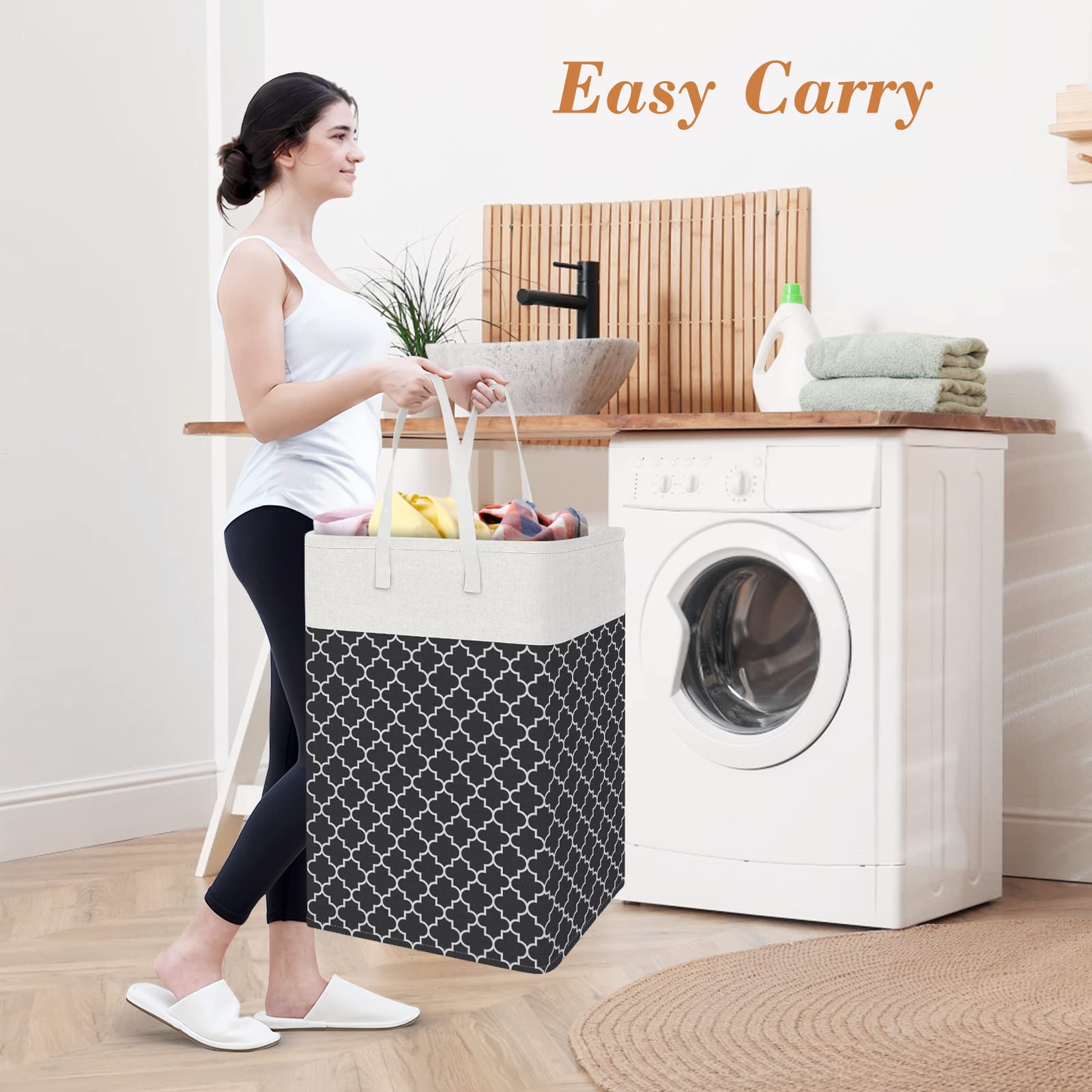 ToteTastic 3-Pack Laundry Basket, Freestanding＆Waterproof Laundry Hamper, Collapsible Tall Clothes Hamper with Easy Carry Handles for Clothes, Towels＆Toys in the Family and Dorm,Clover Black,100L