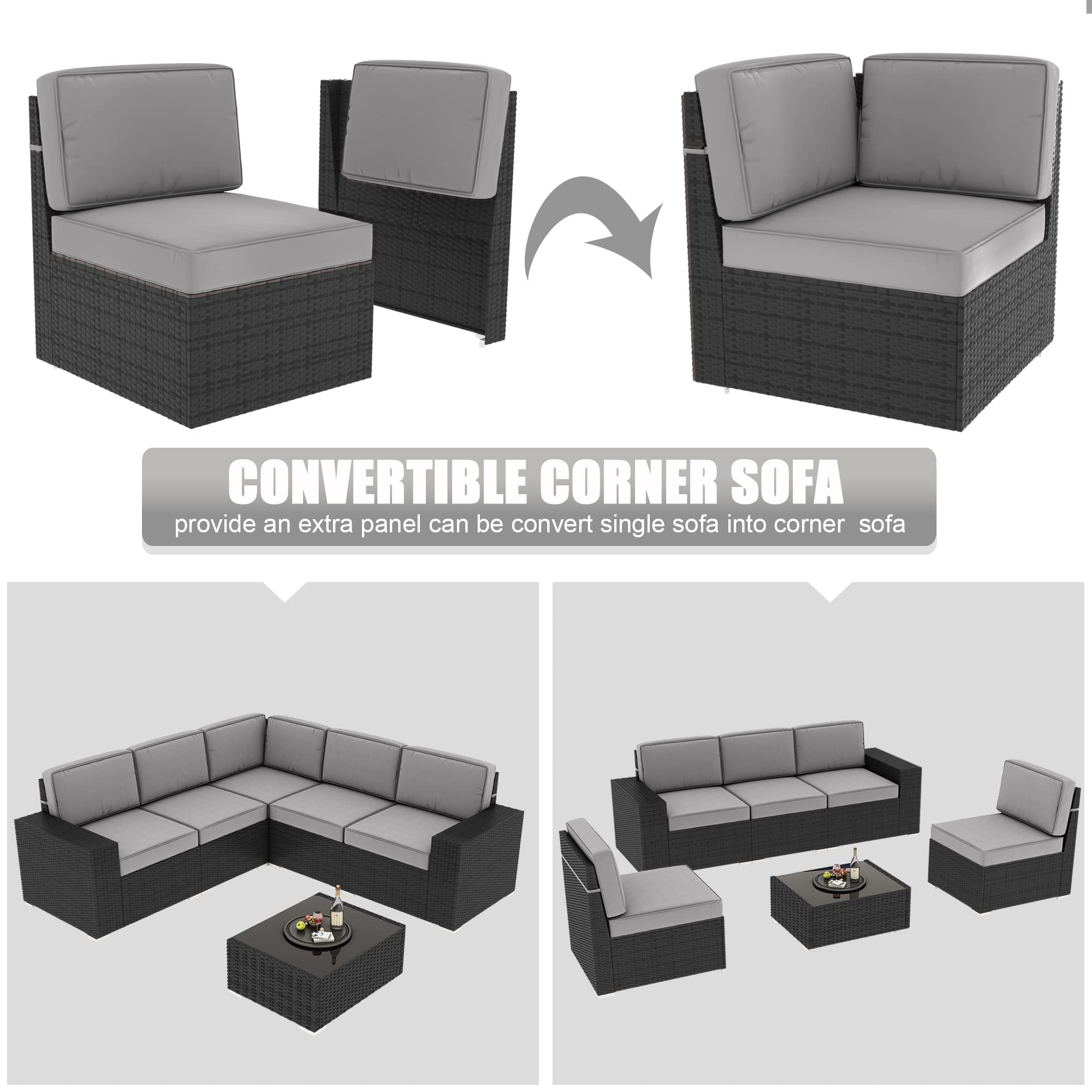 LayinSun Outdoor Patio Furniture Set 6 Pieces Sectional Conversation Sofa Set Black Rattan Sofa Set with Coffee Table