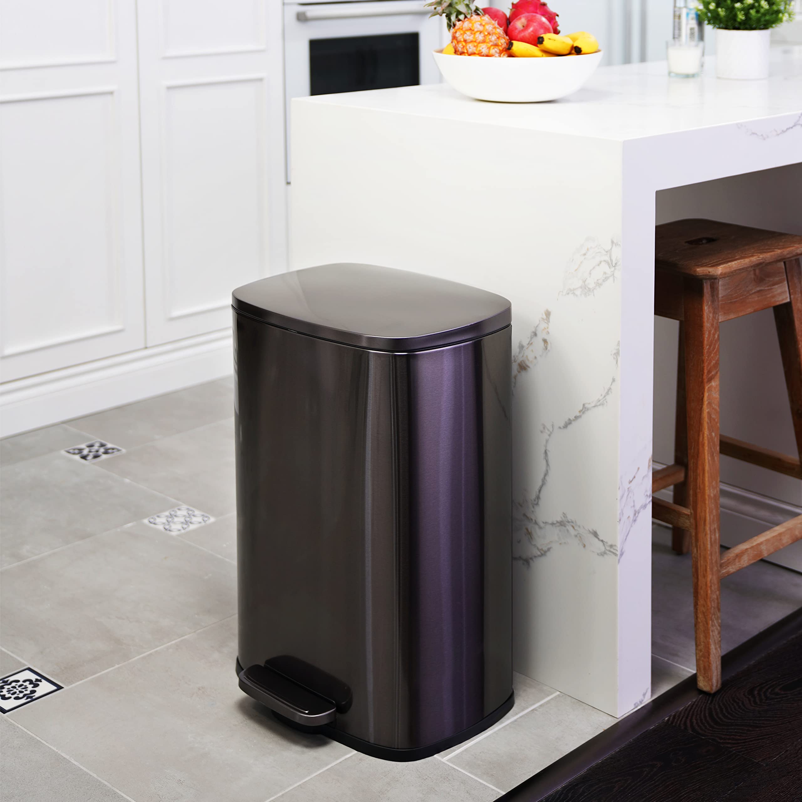 QUALIAZERO 50L/13Gal Heavy Duty Hands-Free Black Stainless Steel Commercial/Kitchen Step Trash Can, Fingerprint-Resistant Soft Close Lid Trashcan, Rectangle Shape (50L Rectangle BSS)