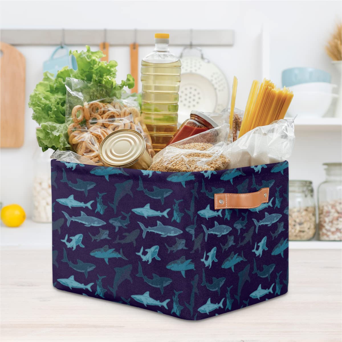 YoCosy Large Storage Baskets for Organizing Shelves Navy Ocean Shark Print Foldable Cube Storage Bins with Handles Rectangle Fabric Closet Organizers for Home Toys Clothes, 2 Pack