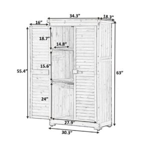 Outdoor Wooden Storage Shed with Floor, Wood Storage Cabinet Waterproof, Garden Tool Shed with 3-Tier Shelves, Outside Vertical Shed with Shutter Design, Fir Wood, Latch Lock (Gray)