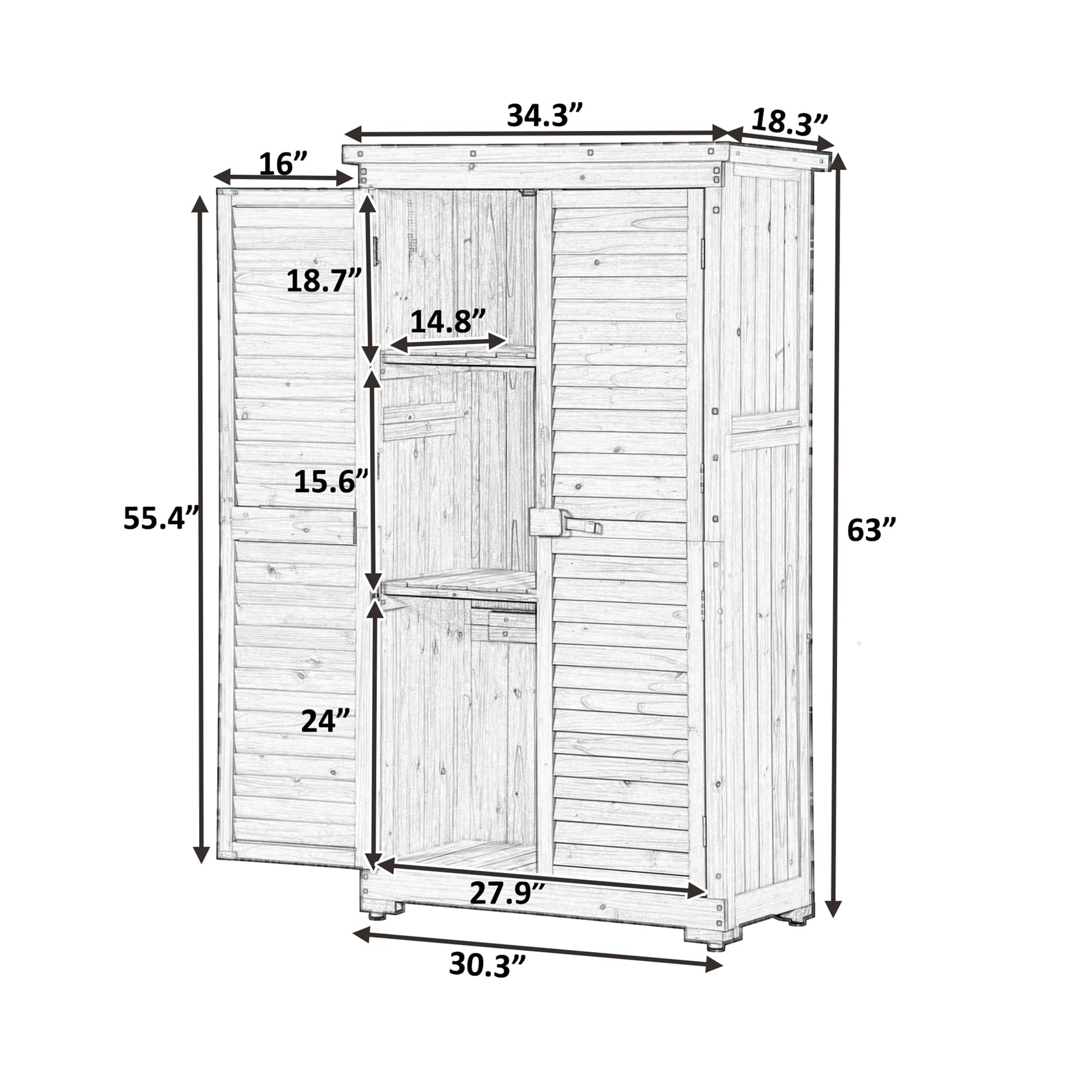 Outdoor Wooden Storage Shed with Floor, Wood Storage Cabinet Waterproof, Garden Tool Shed with 3-Tier Shelves, Outside Vertical Shed with Shutter Design, Fir Wood, Latch Lock (Gray)