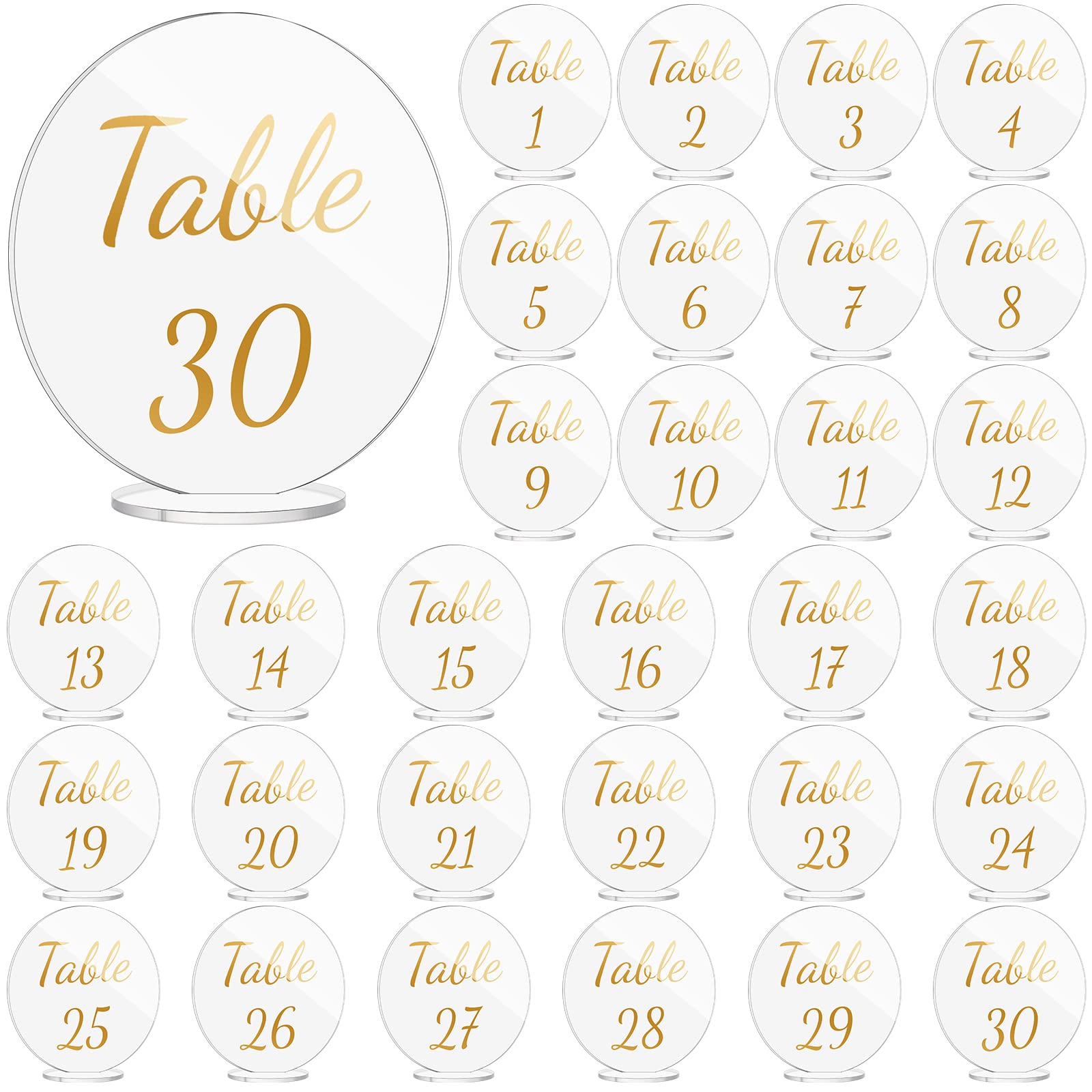 Sintuff 30 Pcs Acrylic Table Numbers Wedding Table Numbers with Stands Clear Table Numbers for Wedding Reception 4.72in Acrylic Wedding Signs 1 to 30 Acrylic Signs and Holders Display Stand (Gold)