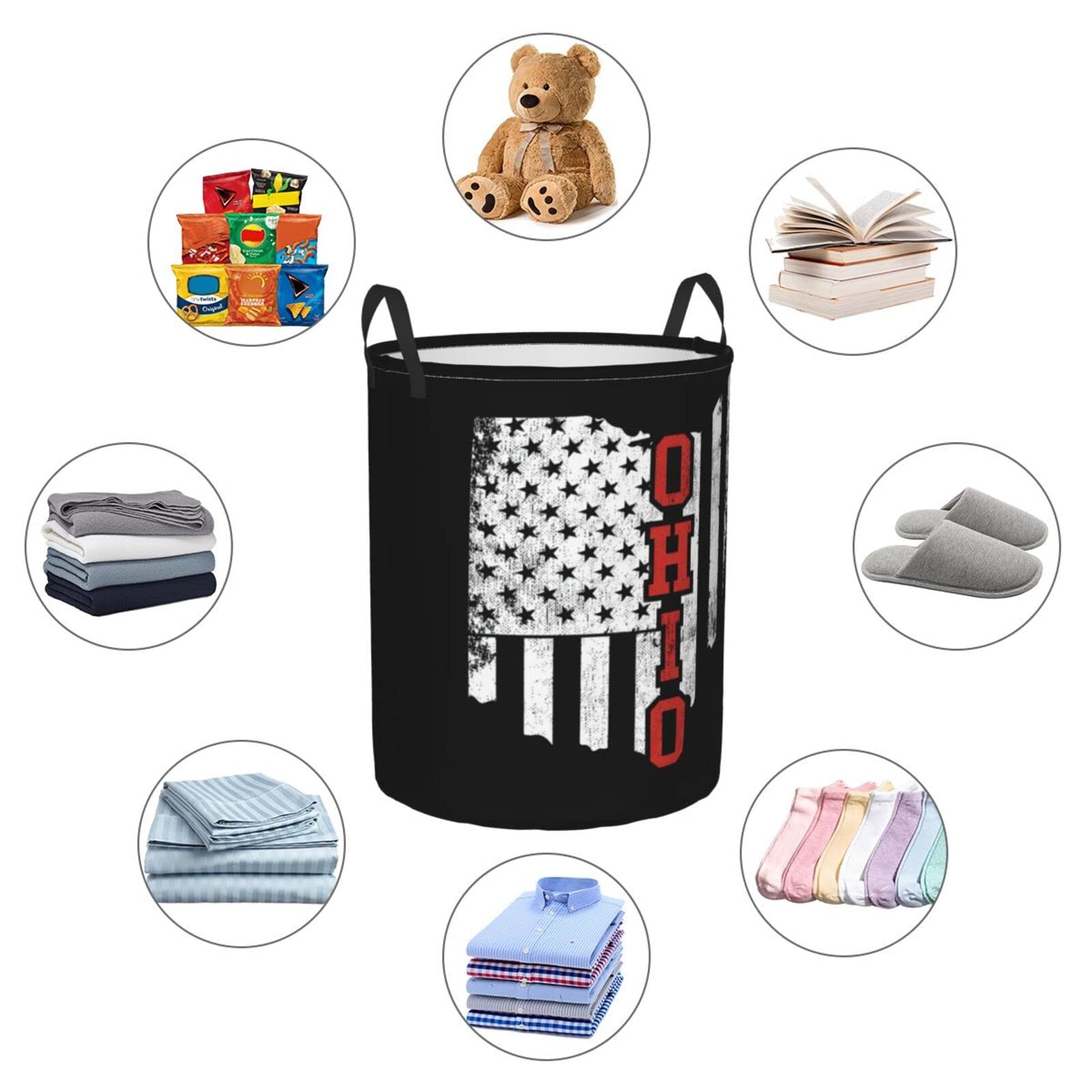 PUPSIKINS Laundry Basket Ohio State America Flag Laundry Hamper Collapsible Dirty Clothes Baskets Round Laundry Bag With Handles For Bathroom Bedroom College Dorms Home Laundry Room Kids Room