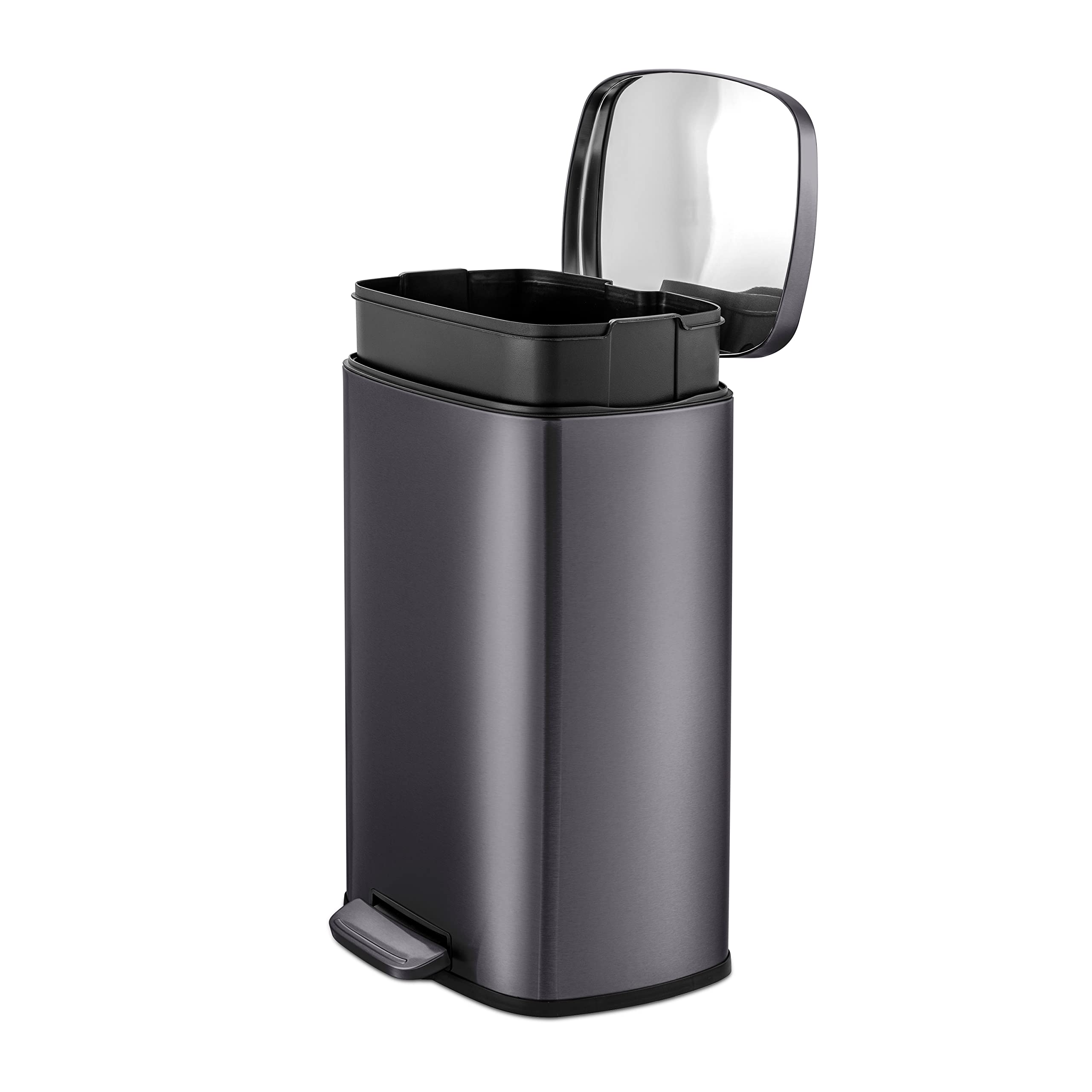 QUALIAZERO 50L/13Gal Heavy Duty Hands-Free Black Stainless Steel Commercial/Kitchen Step Trash Can, Fingerprint-Resistant Soft Close Lid Trashcan, Rectangle Shape (50L Rectangle BSS)