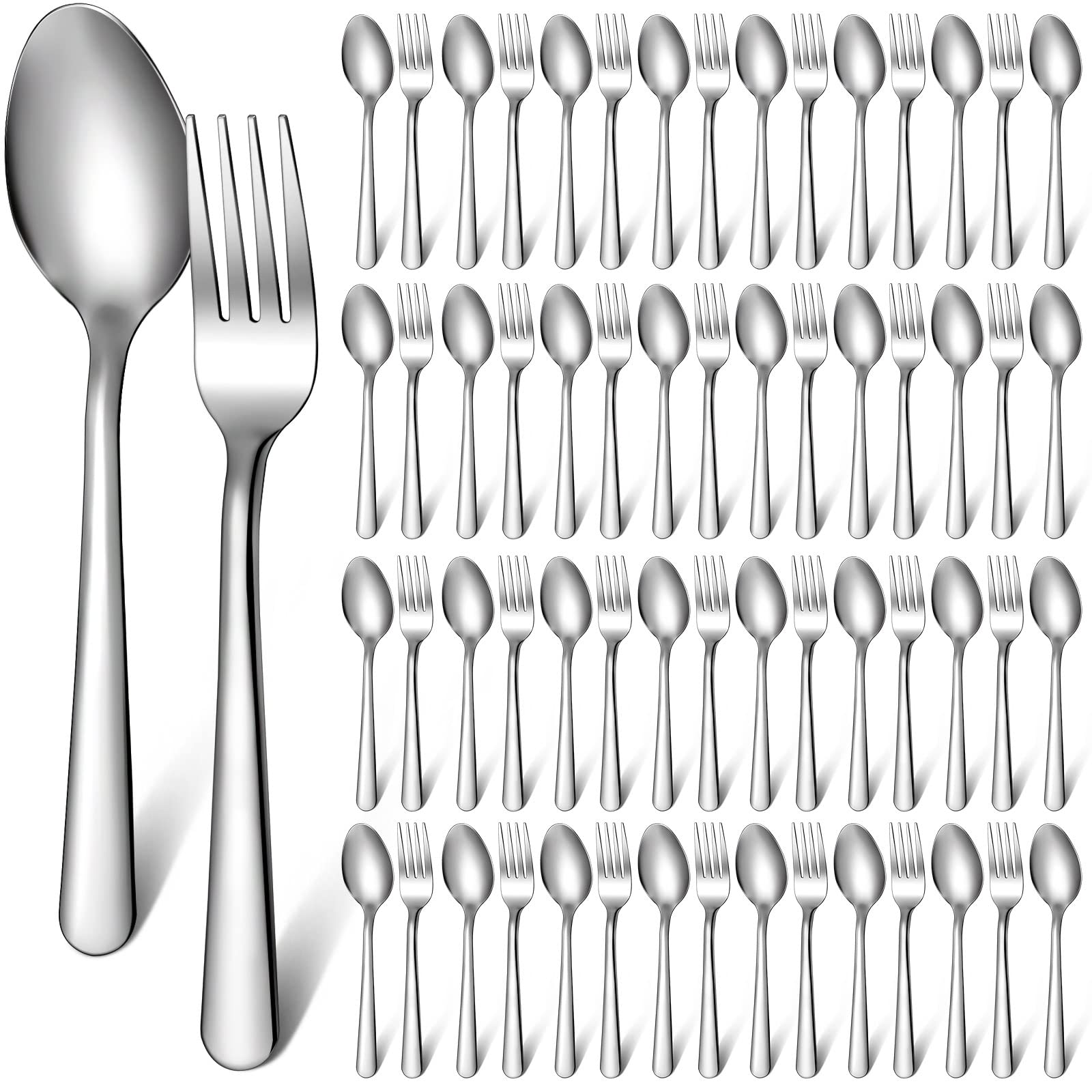 BBTO 100 Pcs Forks and Spoons Silverware Set Bulk Stainless Steel Flatware Cutlery Set Kitchen Utensils for Home Restaurant Kitchen, 50 7.1" Dinner Fork, 50 Teaspoon, Mirror Polished, Dishwasher Safe