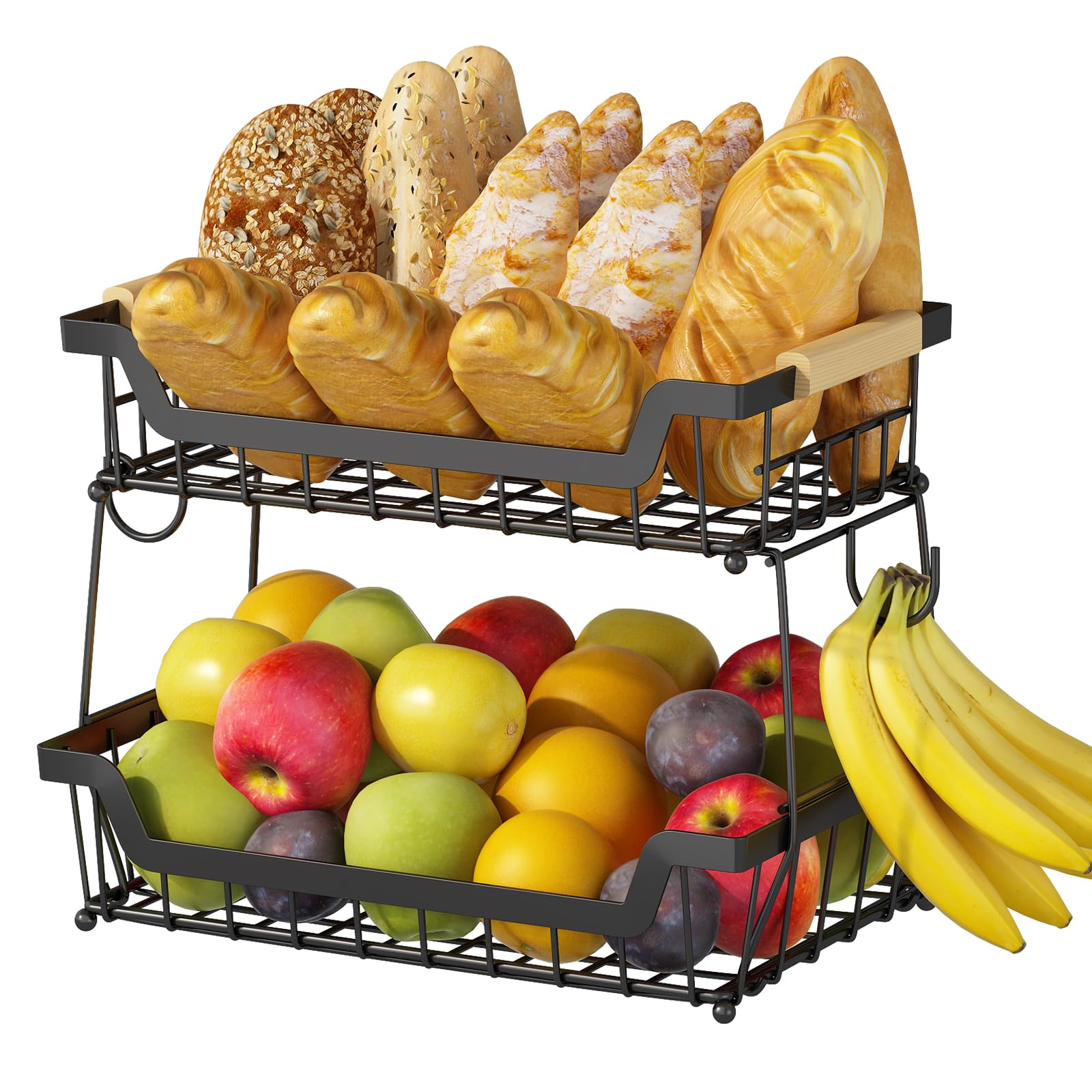 GILLAS 2 Tier Countertop Fruit Basket with 2 Banana Hangers for Kitchen, Detachable Metal Organizer for Bread Vegetable Fruits with Wooden Handle, Large Capacity Rectangular Storage Stand Bowls, Black