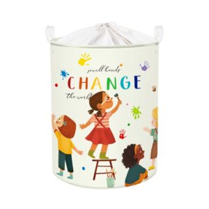 clastyle 45l small hands change the world kid laundry basket colorful inspirational quote rainbow nursery hamper with drawstring round toy clothes storage basket for back to school