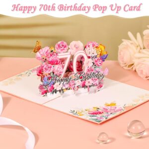 70th Birthday Card for Women, 70th Birthday Gift Greeting Card for Her, Mom, Wife, Grandma Flower Popup Happy Birthday Card with Blank Note and Envelope