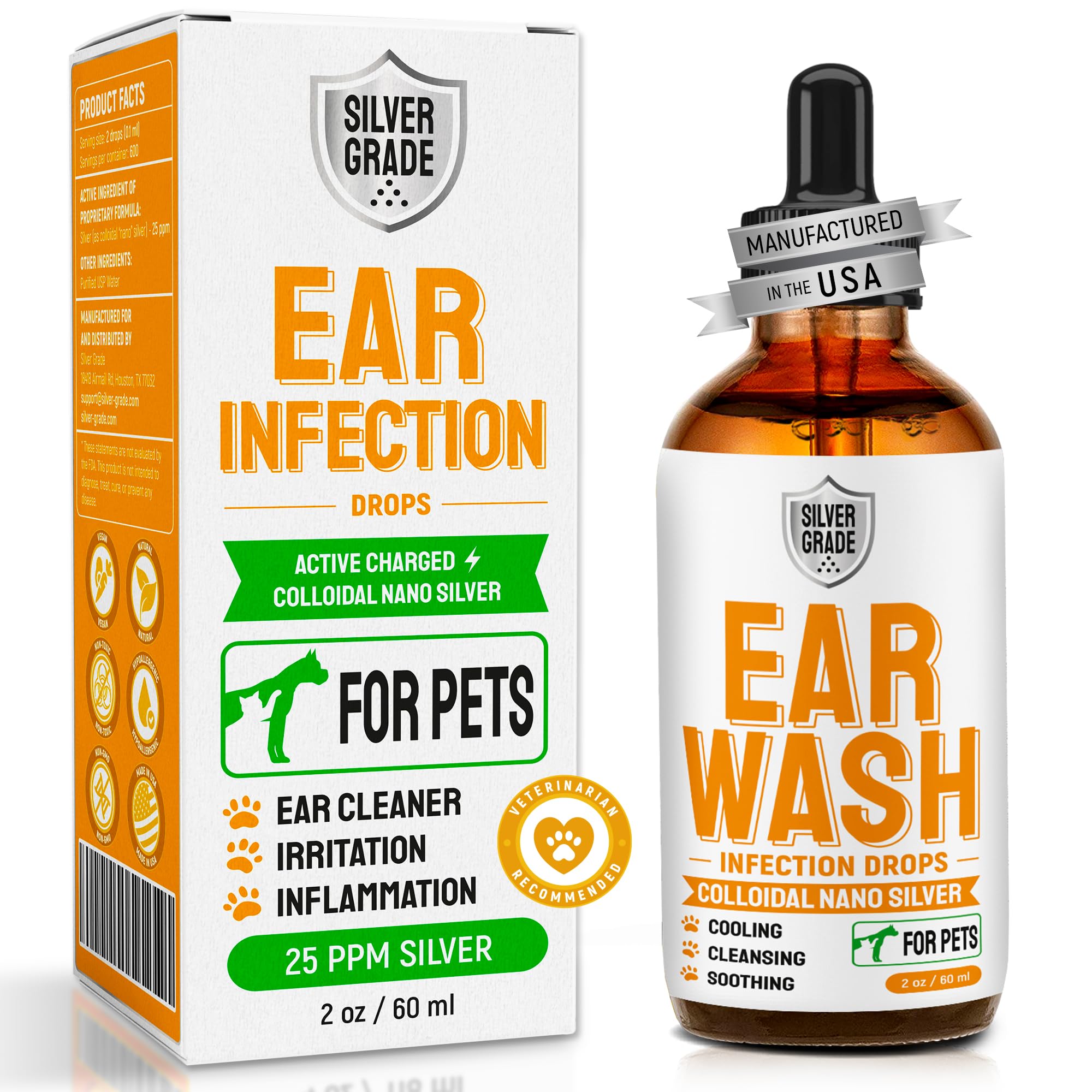 Dog Ear Infection Treatment + Colloidal Silver ● Ear Infection Treatment for Dogs & Cats ● Drops for Irritations, Itch, Odors, & Cat and Dog Ear Infection ● Silver Ear Wash for Different Pets ● 2 Oz