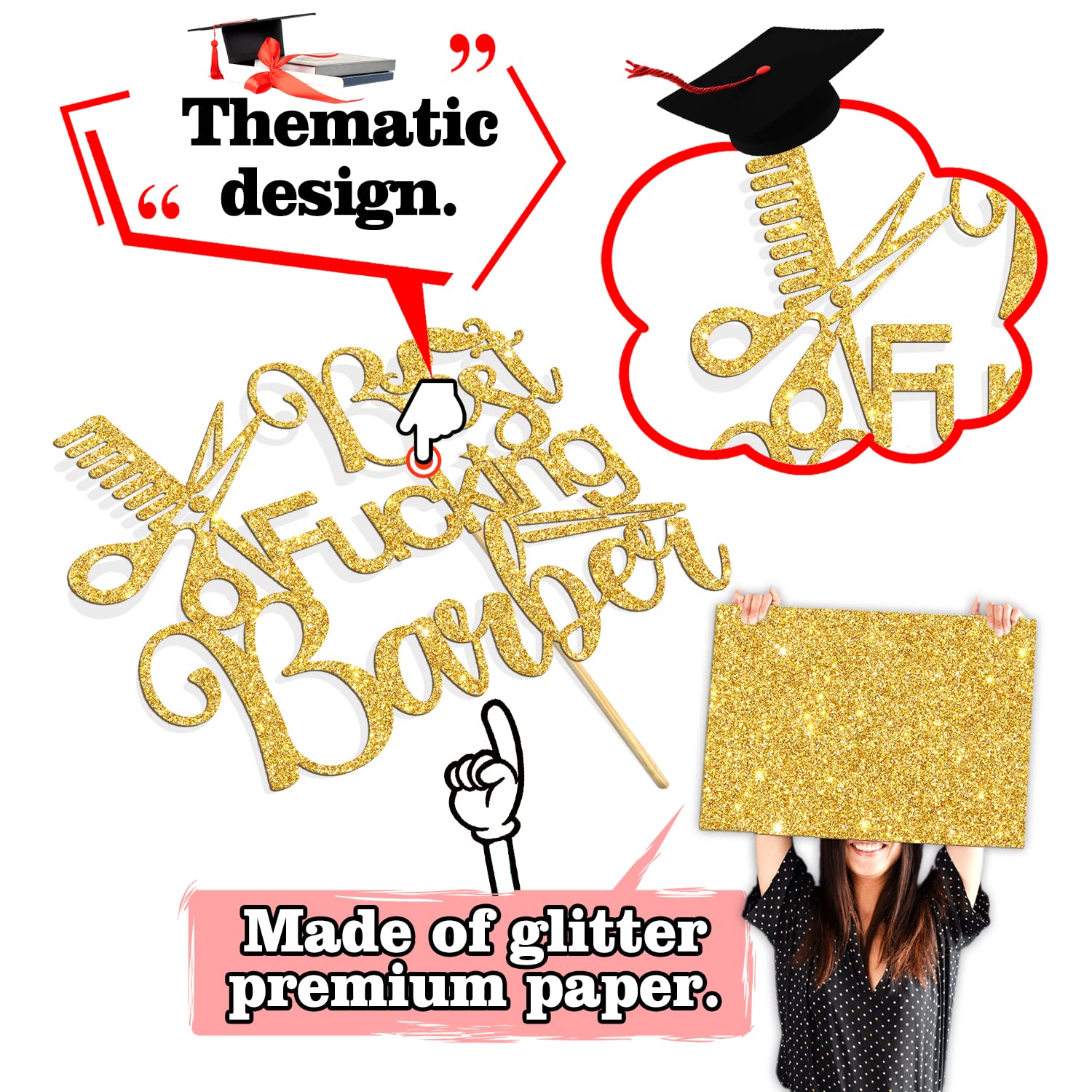 Best Fucking Barber Cake Topper, Congrats Barber, Class of 2024 Cosmetology School Graduation Themed Party Decorations Supplies, Gold Glitter