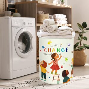 Clastyle 45L Small Hands Change The World Kid Laundry Basket Colorful Inspirational Quote Rainbow Nursery Hamper with Drawstring Round Toy Clothes Storage Basket for Back to School