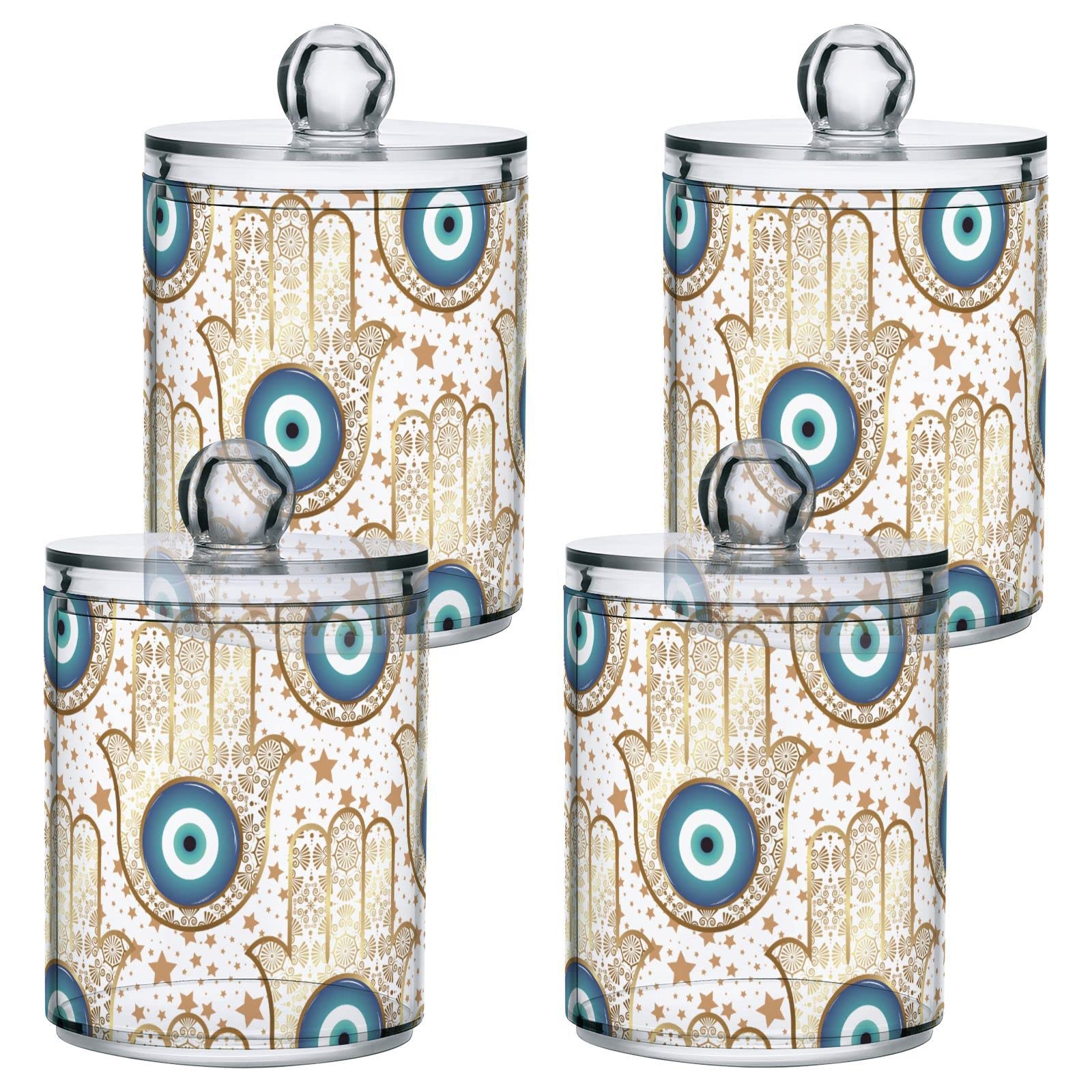 Vnurnrn Evil Eye Hand Clear Plastic Jar Set for Cotton Ball Cotton Swab Cotton Round Pads Floss, Bathroom Canisters Storage Organizer, Vanity Makeup Organizer 2 Pack