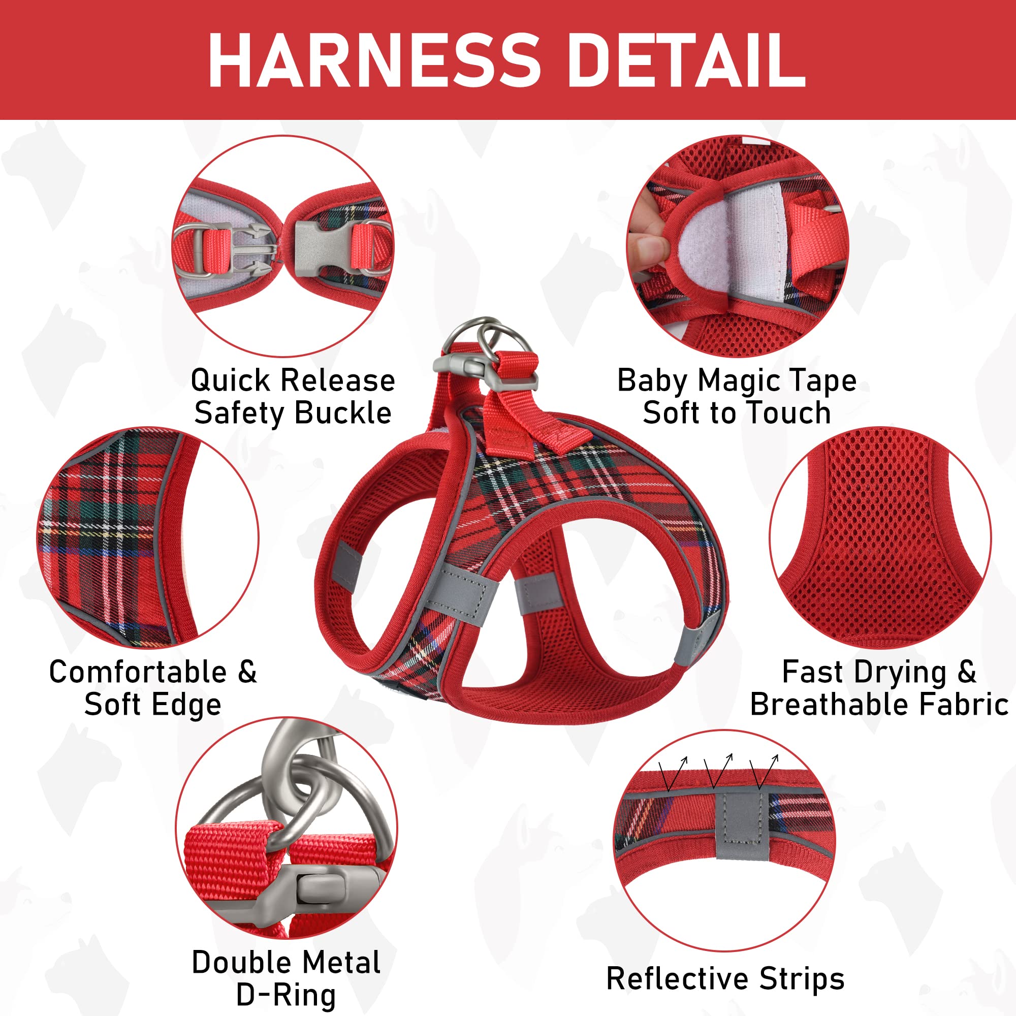 GAMUDA Small Dog Harness Collar and Leash Set, Step in No Chock No Pull Soft Mesh Adjustable Dog Vest Harnesses Plaid Reflective for Dogs Puppy Cats Kitten Rabbit (Red, L)