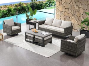 hummuh 7 piece patio furniture set pe wicker outdoor sectional sofa,high back patio swivel rocking chairs with ottomans coffee table for porch,garden,backyard