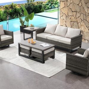 HUMMUH 7 Piece Patio Furniture Set PE Wicker Outdoor Sectional Sofa,High Back Patio Swivel Rocking Chairs with Ottomans Coffee Table for Porch,Garden,Backyard