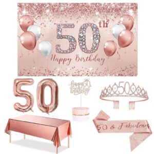 trgowaul 50th birthday decorations party set for women, rose gold 50 birthday banner and tablecloth, 50th fabulous sash and tiara, 1pc happy 50th birthday cake topper, pink gold 50 number balloons