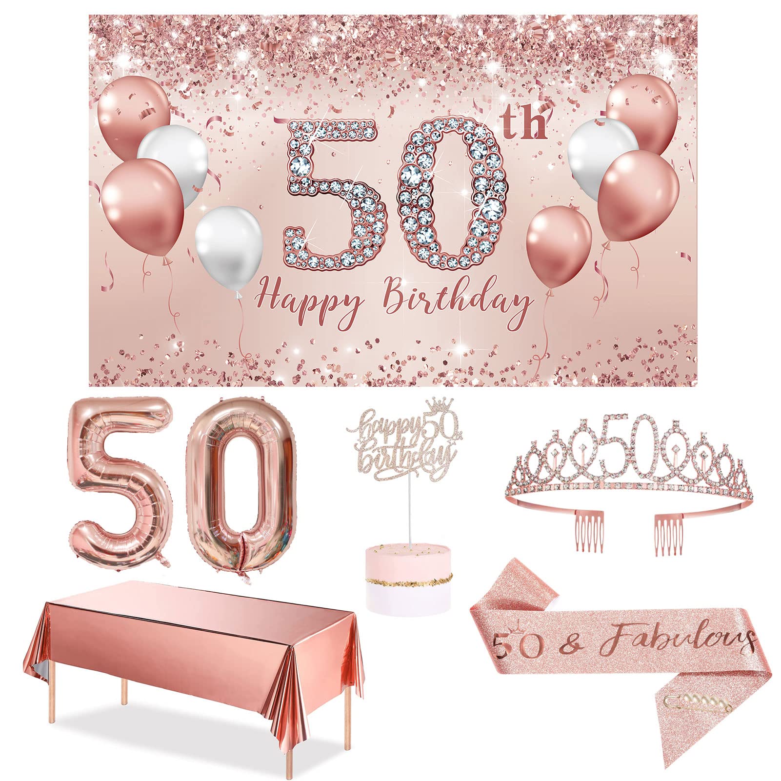 Trgowaul 50th Birthday Decorations Party Set for Women, Rose Gold 50 Birthday Banner and Tablecloth, 50th Fabulous Sash and Tiara, 1PC Happy 50th Birthday Cake Topper, Pink Gold 50 Number Balloons