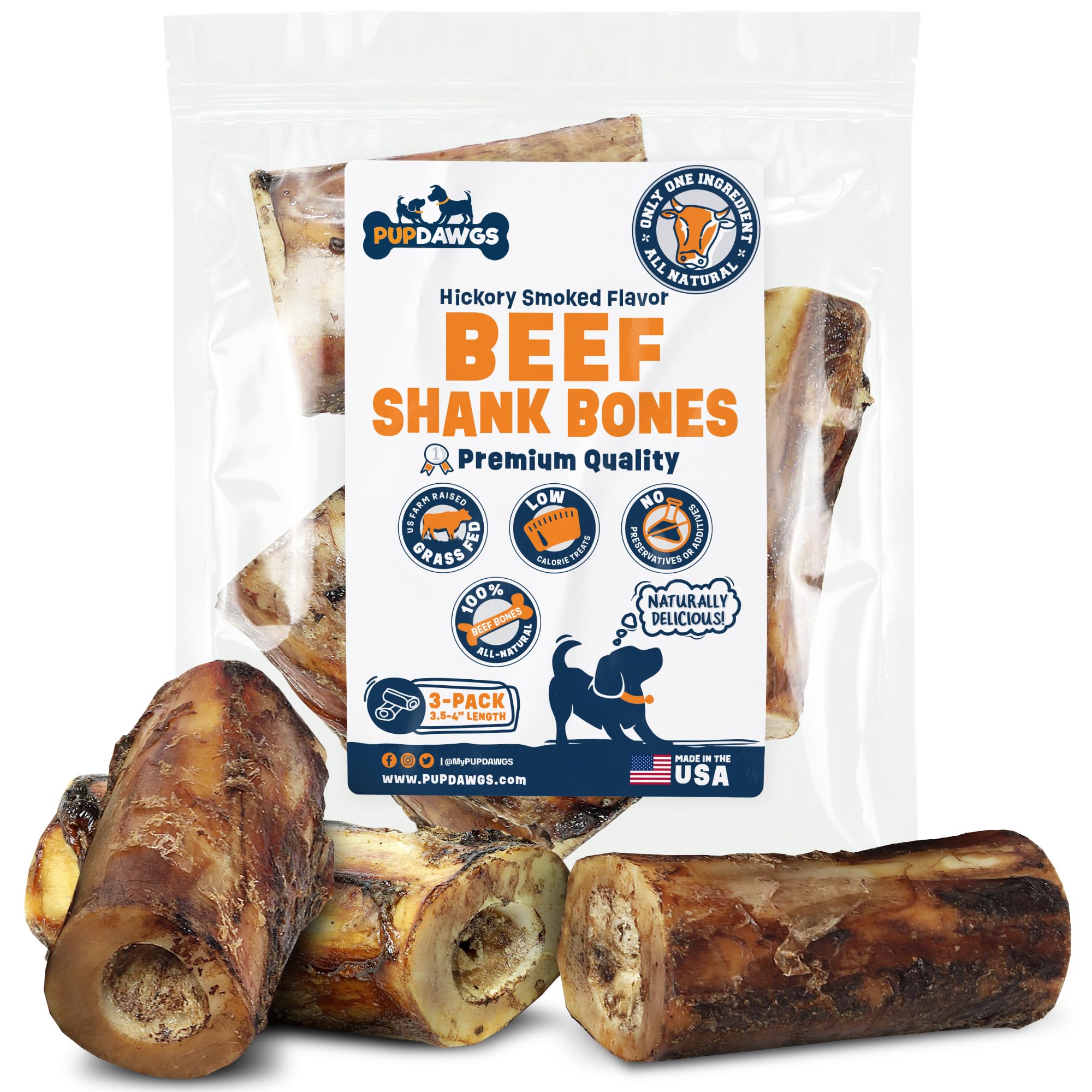 PUPDAWGS Single Ingredient Dog Bones - Made in USA - Beef Shank Bones - (3 Piece Pack)