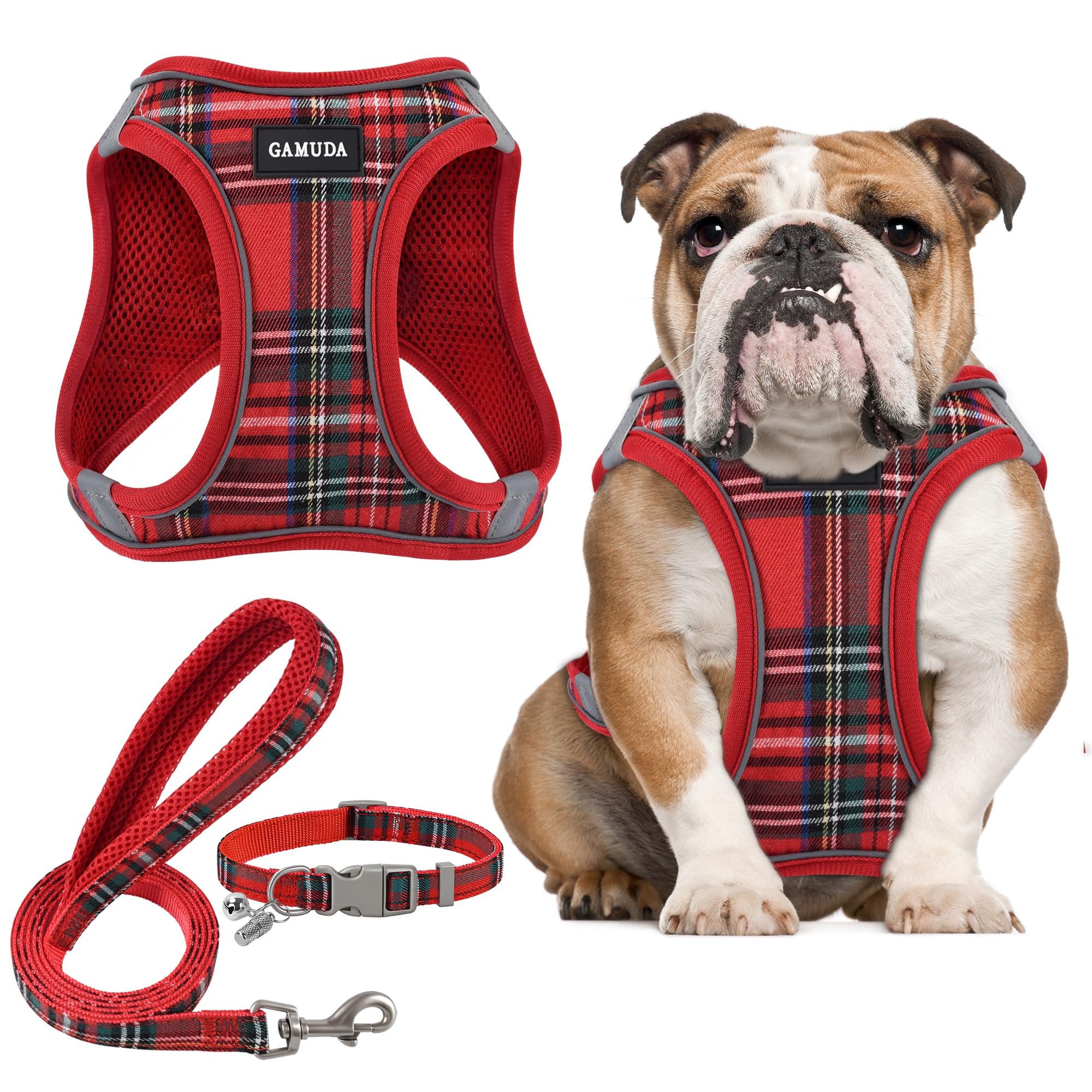 GAMUDA Small Dog Harness Collar and Leash Set, Step in No Chock No Pull Soft Mesh Adjustable Dog Vest Harnesses Plaid Reflective for Dogs Puppy Cats Kitten Rabbit (Red, L)