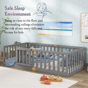 Tatub Montessori Twin Floor Bed with Safety Guardrails, Door Installs Left or Right - Grey Wood Frame