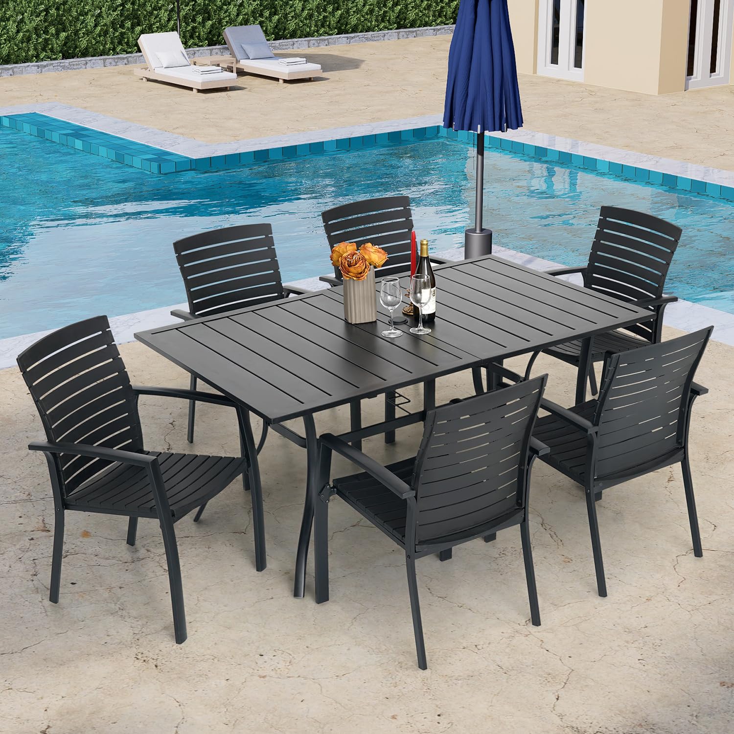 Anmutig Outdoor Patio Table for 6 Person, Patio Dining Rectangle Table with 1.57" Umbrella Hole for Garden Lawn Backyard Parties, Black Metal Frame 63" L x 38" W x 28" H