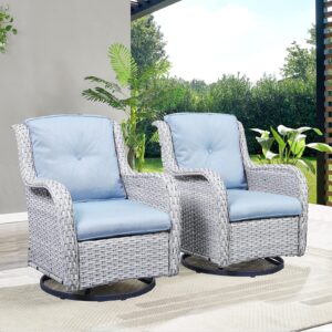 HUMMUH Outdoor Swivel Rocker Wicker Patio Chairs Set of 2, Rattan Rocking Chair Furniture Set(Light Grey,Light Blue)