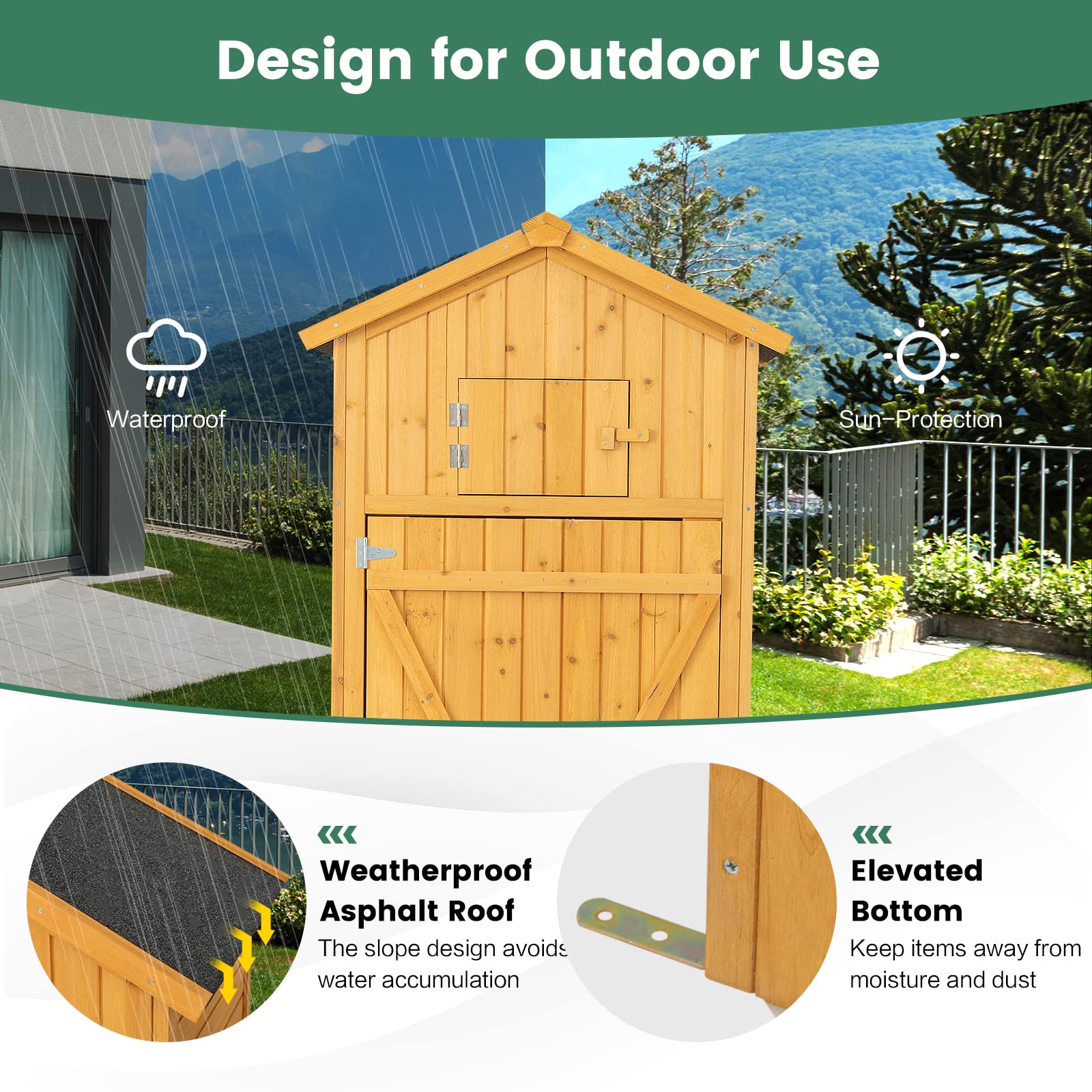 Goplus Outdoor Storage Shed, Wooden Garden Storage Cabinet with Lockable Doors, Foldable Table, Hooks, Utility Tool Organizer with Shelves, Waterproof Outside Tool Shed for Patio Backyard Lawn