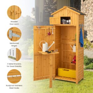 Goplus Outdoor Storage Shed, Wooden Garden Storage Cabinet with Lockable Doors, Foldable Table, Hooks, Utility Tool Organizer with Shelves, Waterproof Outside Tool Shed for Patio Backyard Lawn