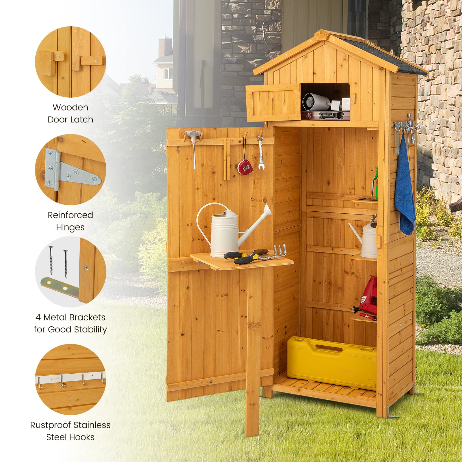 Goplus Outdoor Storage Shed, Wooden Garden Storage Cabinet with Lockable Doors, Foldable Table, Hooks, Utility Tool Organizer with Shelves, Waterproof Outside Tool Shed for Patio Backyard Lawn