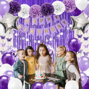 Lasocy Purple Birthday Decorations for Women Girls Butterfly Hanging Garland Purple and White Silver Lavender Party Decorations Set with Happy Birthday Banner Purple Foil Background Pompom Flower