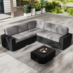 LayinSun Outdoor Patio Furniture Set 6 Pieces Sectional Conversation Sofa Set Black Rattan Sofa Set with Coffee Table