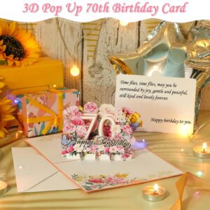 70th Birthday Card for Women, 70th Birthday Gift Greeting Card for Her, Mom, Wife, Grandma Flower Popup Happy Birthday Card with Blank Note and Envelope